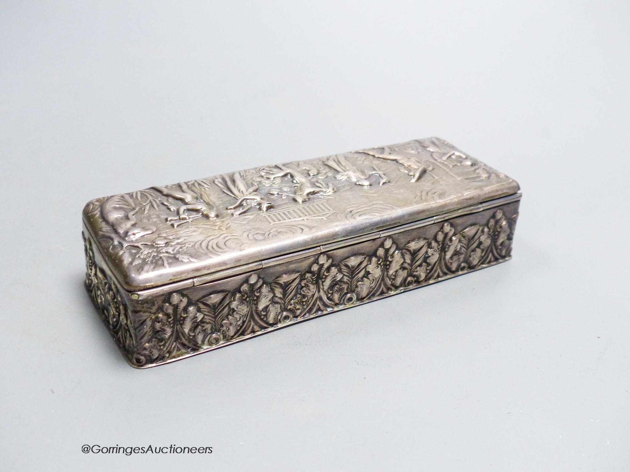 An Edwardian repousse silver rectangular trinket box, Nathan & Hayes, Chester, 1903, 15.7cm, 6oz (holes).